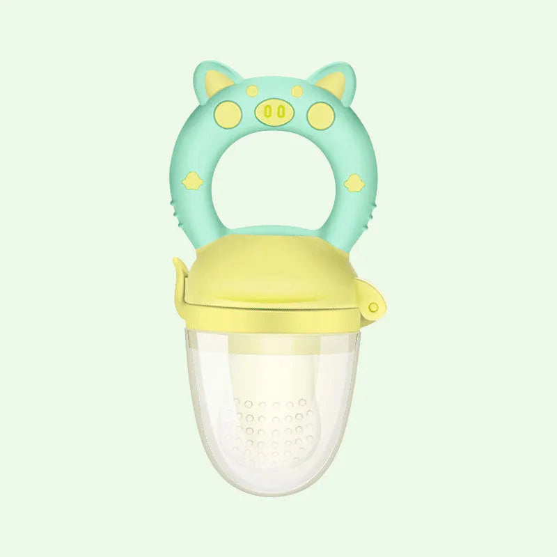 Soft BPA-free silicone baby teether in blue, green, or pink colour, shown in single and three-piece style options.