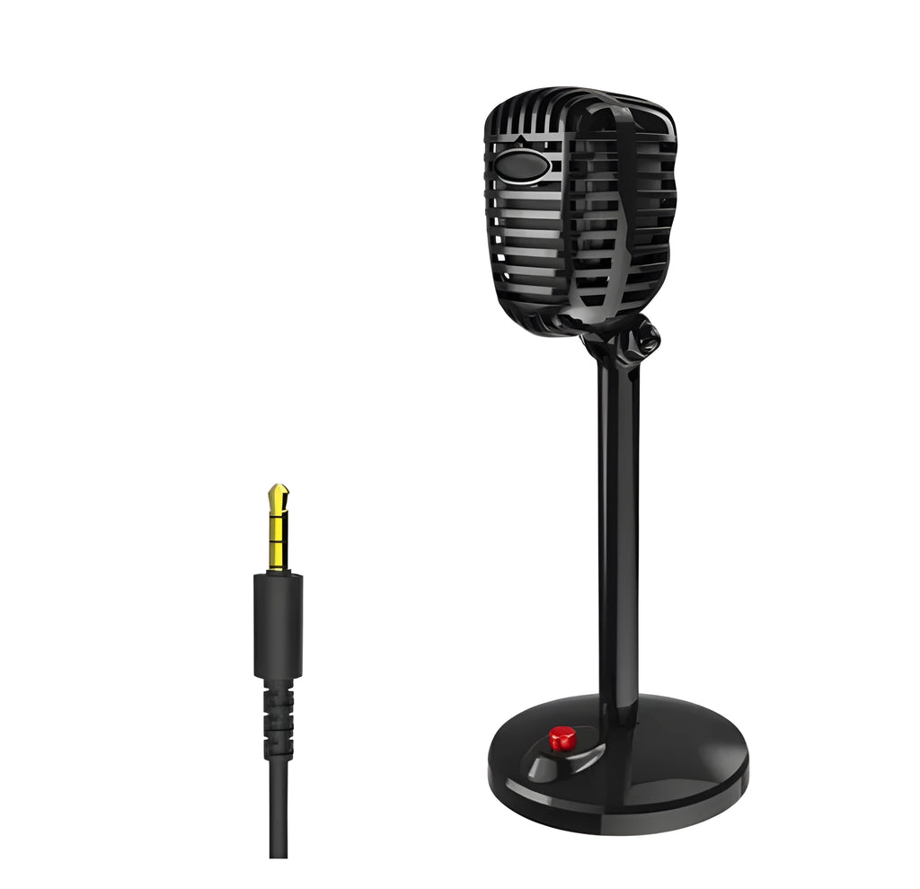 Black USB computer microphone with adjustable stand on desktop for recording