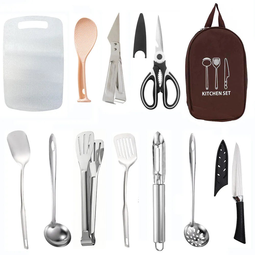 12-piece stainless steel picnic kitchenware set inside a khaki portable storage bag.