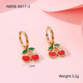 Cherry jewellery set showing necklace, bracelet, earrings, and ring with stainless steel construction and cherry fruit design