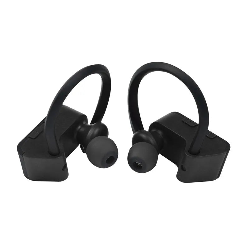 Black wireless Bluetooth earphones with ergonomic in-ear design and LED indicator light.