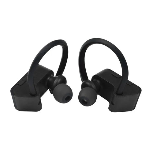 Black wireless Bluetooth earphones with ergonomic in-ear design and LED indicator light.