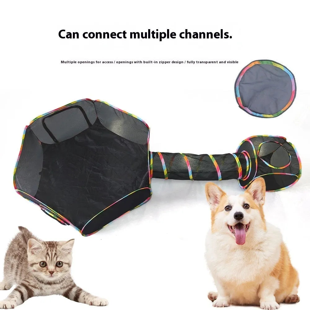 Foldable mesh cat roll cage playpen showing hexagonal design for indoor pet containment