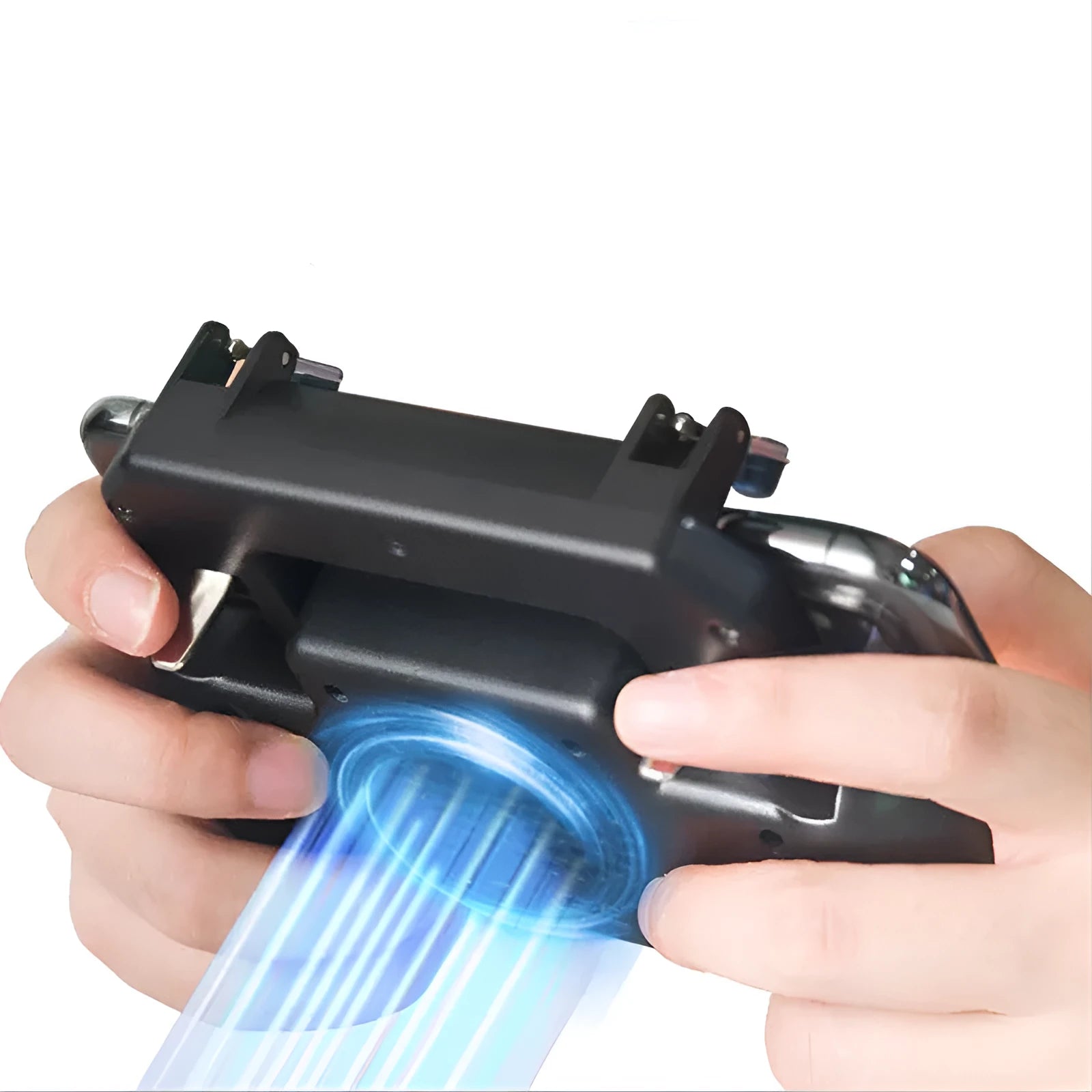 Black USB mobile game controller for smartphones with aluminium alloy trim and labelled action buttons.