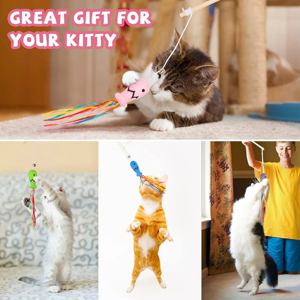Cat wand toy with colourful ribbons, catnip fish attachment, and bell on wooden handle