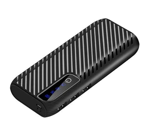 Black 20000mAh mini portable power bank showing USB ports, with dimensions 142mm x 64mm x 23mm.