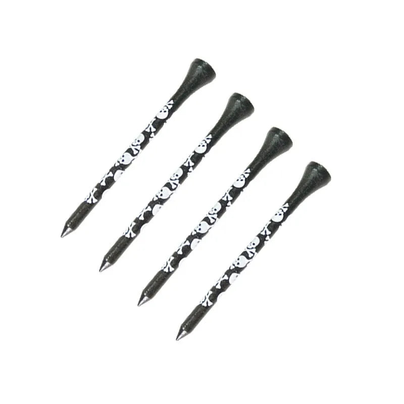 Ten black bamboo golf spike dowel pins with skull print decoration in 70mm and 83mm lengths