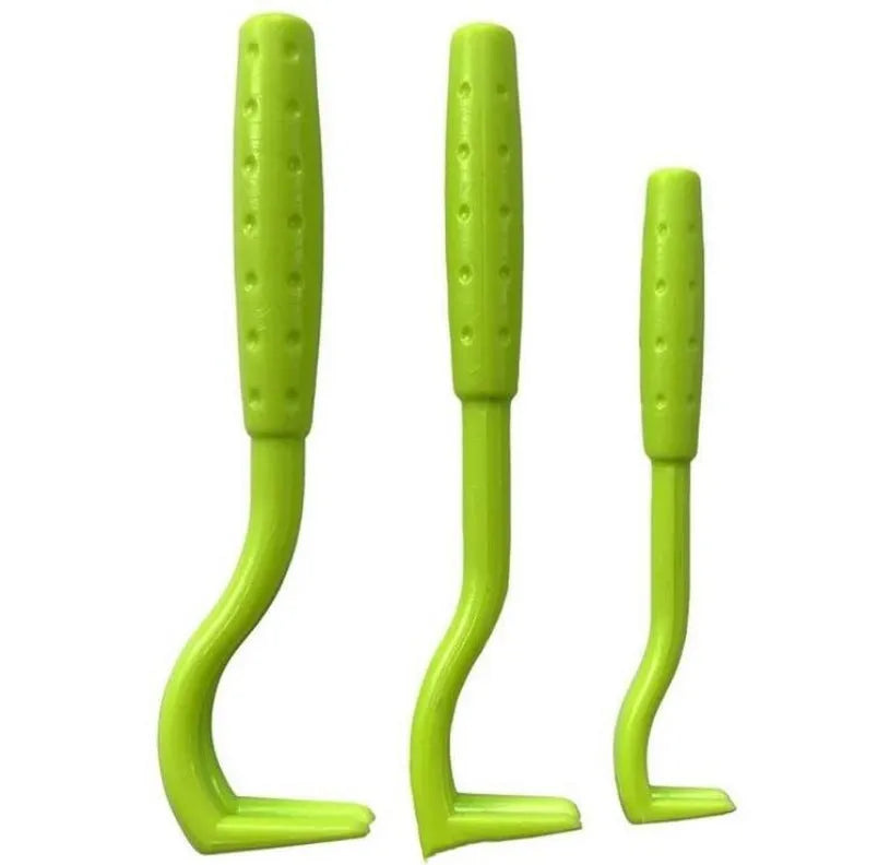 Three plastic pet tick removal hooks in blue or green colours