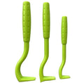 Three plastic pet tick removal hooks in blue or green colours