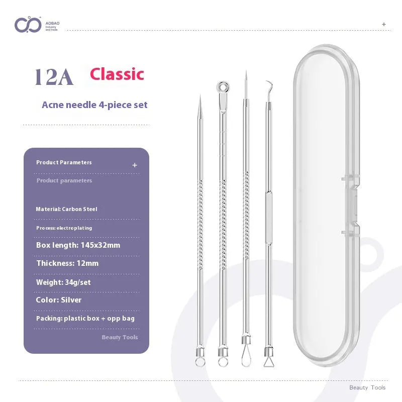 Four silver metal acne needles with pointed tips laid out on a flat surface.