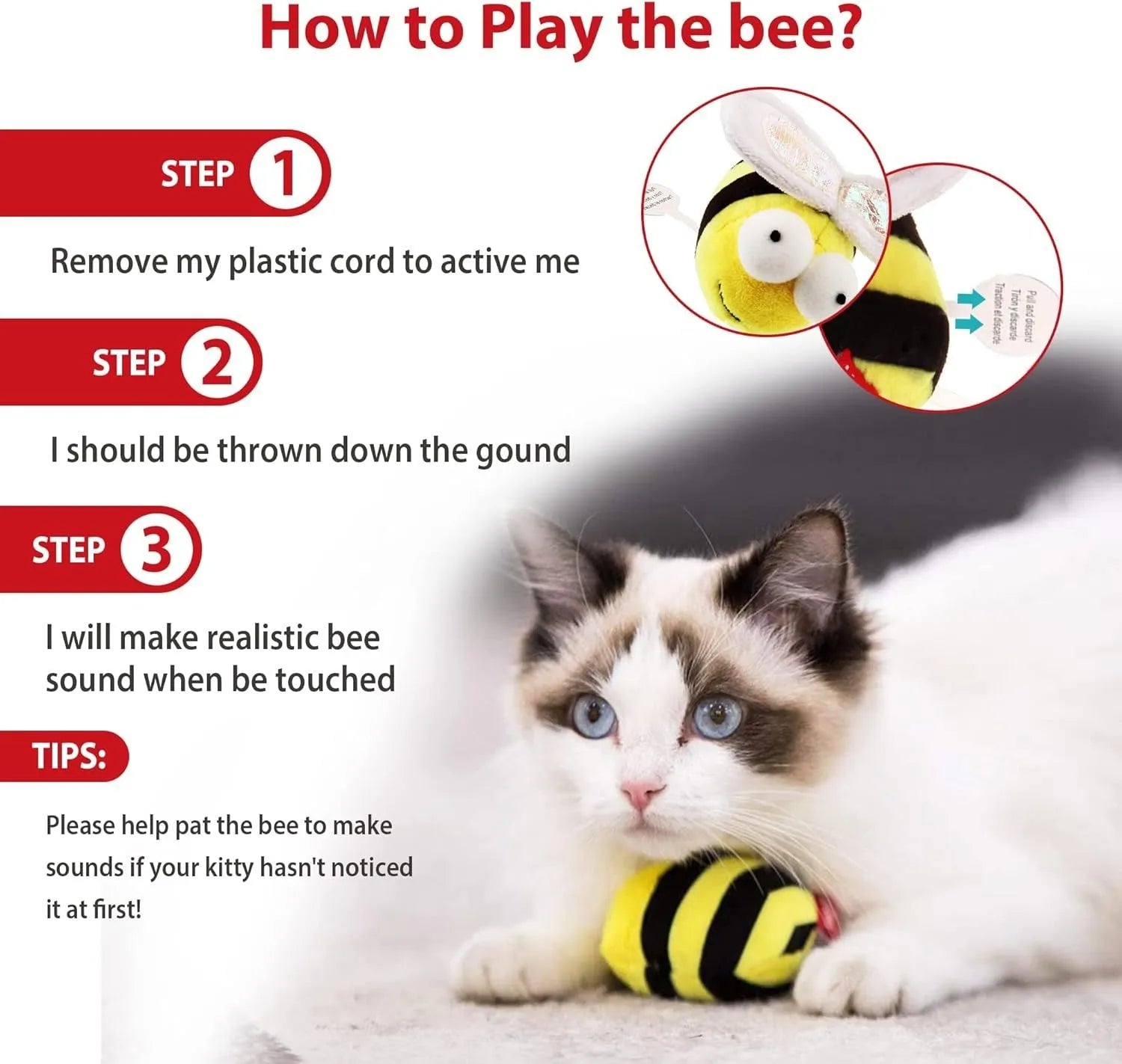 Yellow electronic chirpy bee sound toy for cats with flannelette fabric and motion-activated squeaking