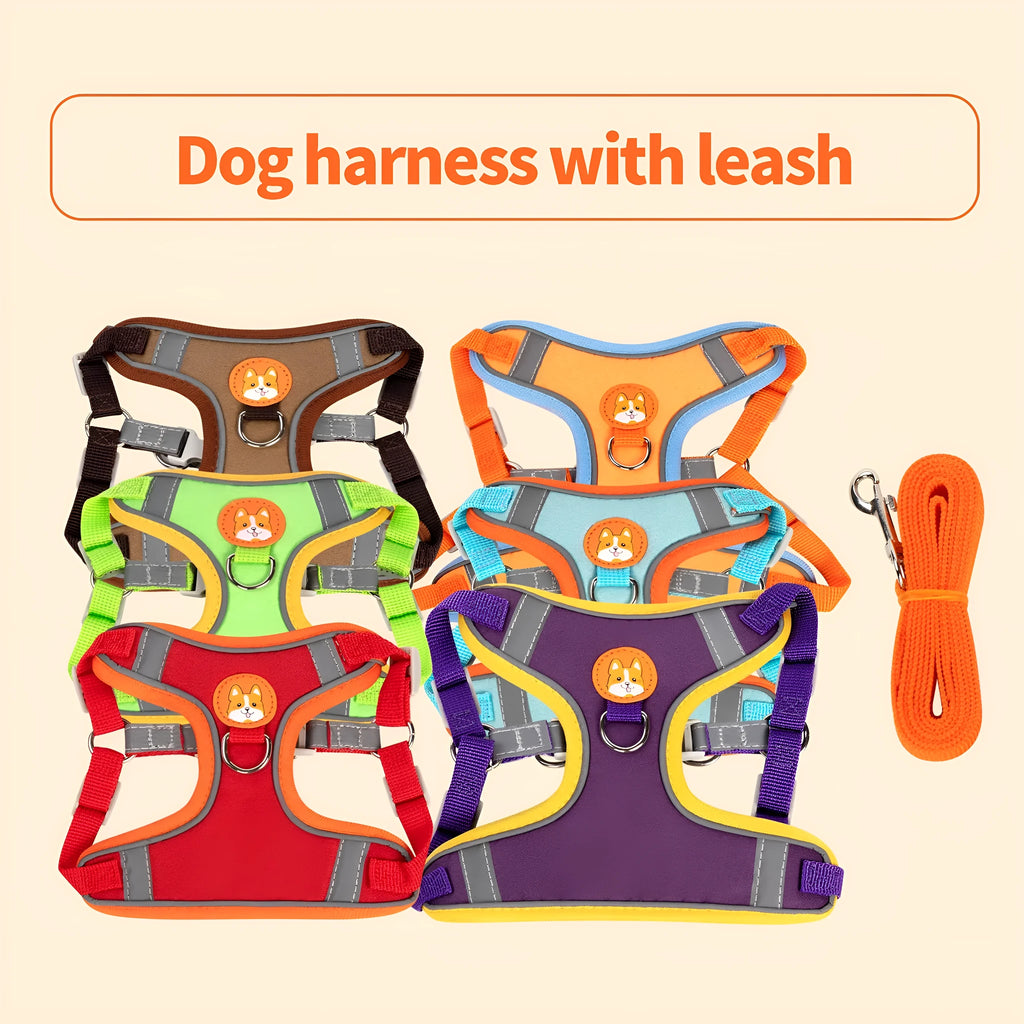Adjustable dog harness with chest strap in various colours and sizes for haulage rope attachment.