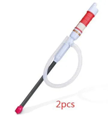 Blue manual hand siphon pump for transferring fuel and liquids.