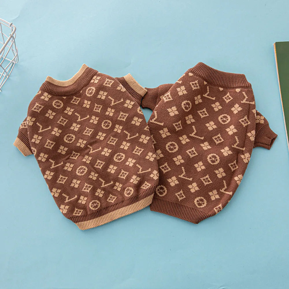 Thick wool dog sweater in monochrome or two-tone colours showing autumn winter pet clothing