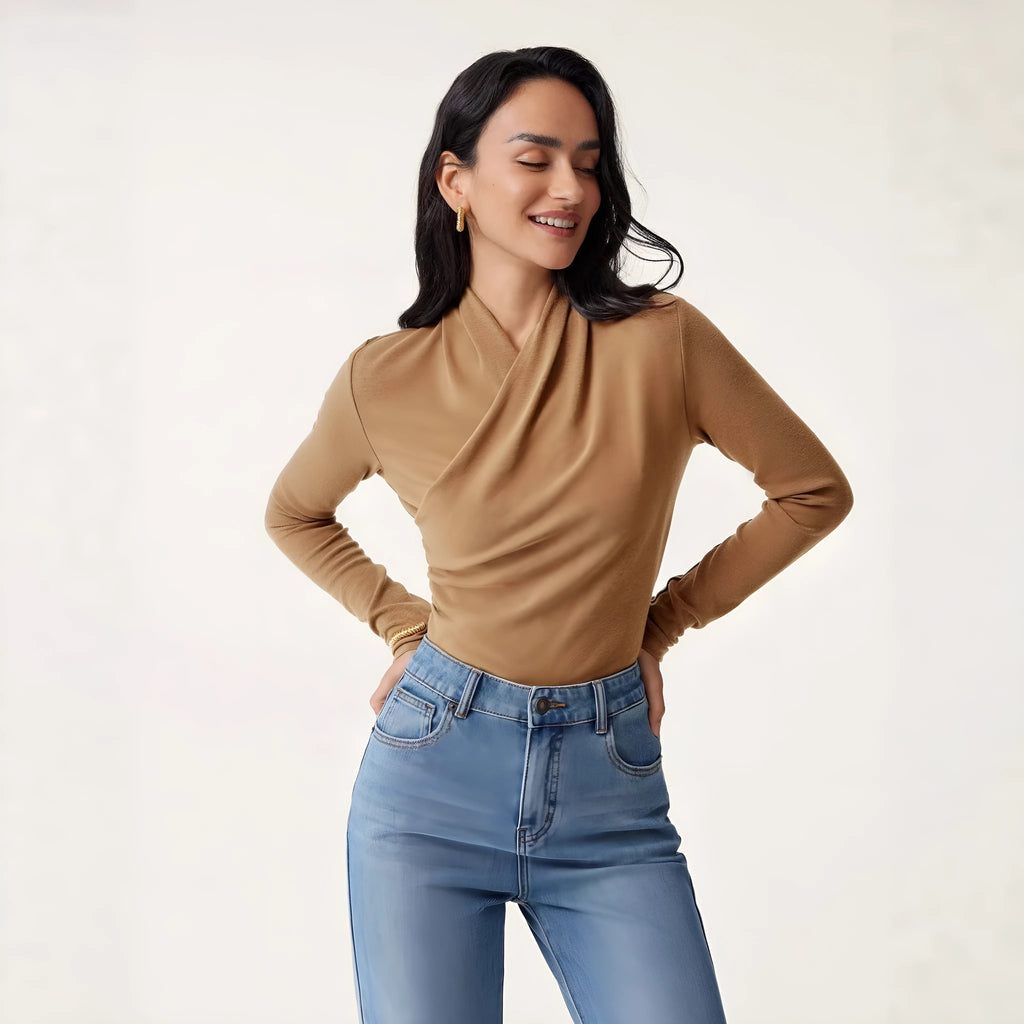Women's slim fit camel pullover sweater with long sleeves on hanger
