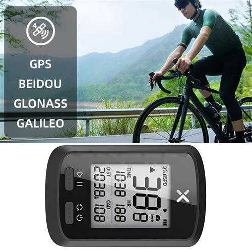 Black plastic bicycle stopwatch with digital LCD display and adjustable nylon wrist strap.