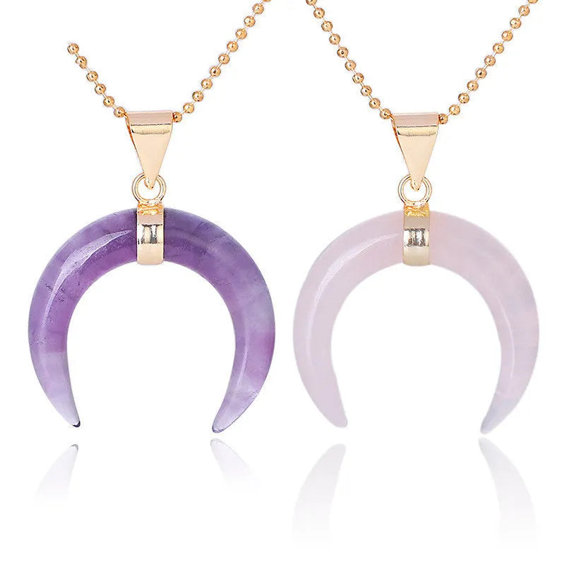 Natural stone moon pendant necklace with copper electroplated chain in pink or purple crystal