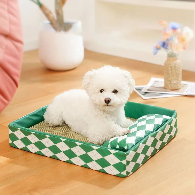 Blue rattan cat bed mat in size L (70x50cm) for a sleeping cat