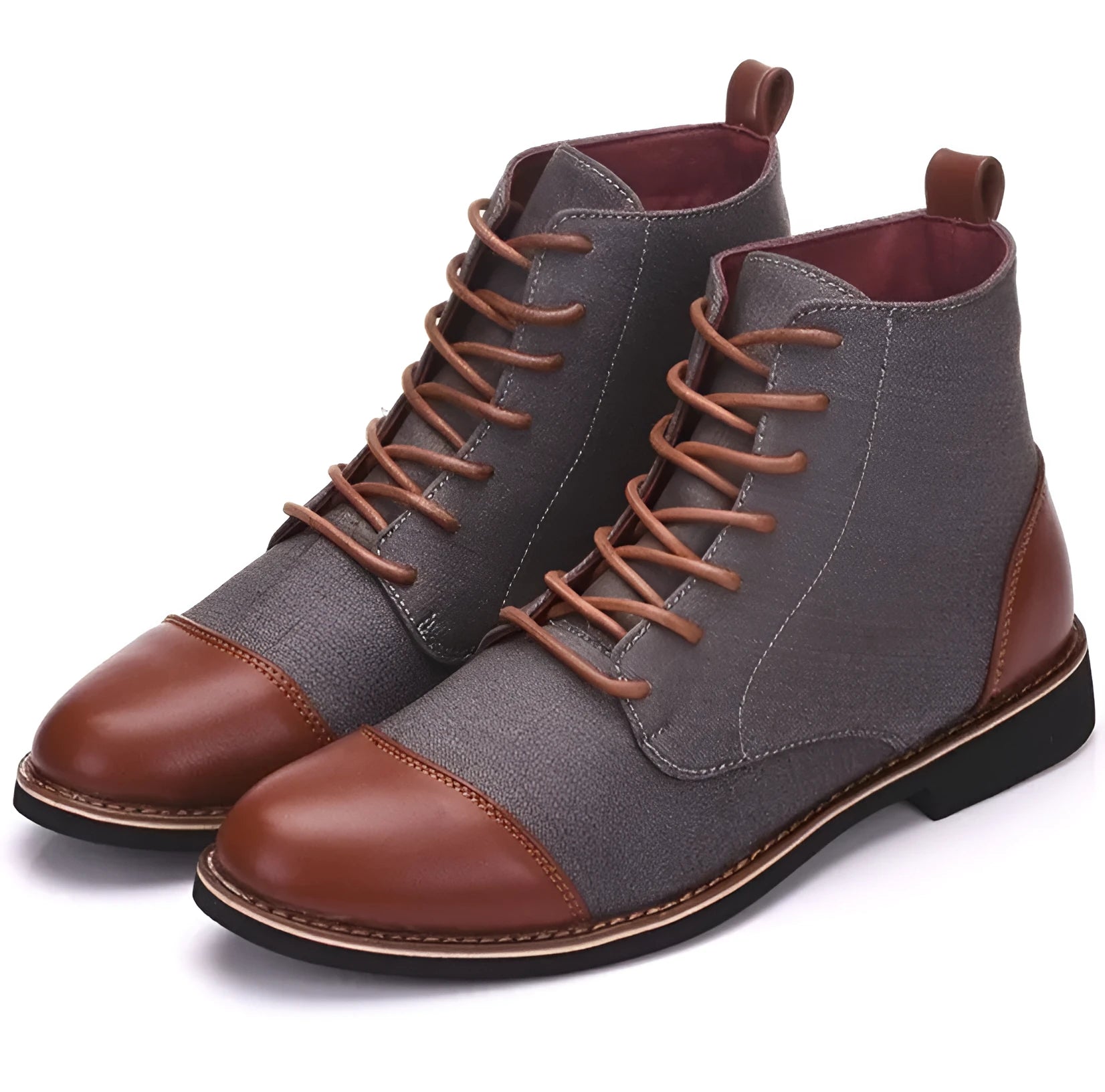 Men's black leather motorcycle boots with visible belt buckle detailing and a thick rubber sole