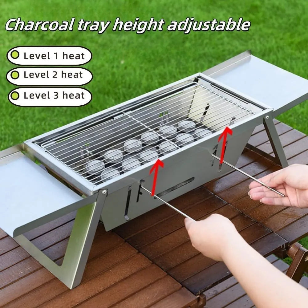 Small portable charcoal grill shown in a folded position for compact storage.