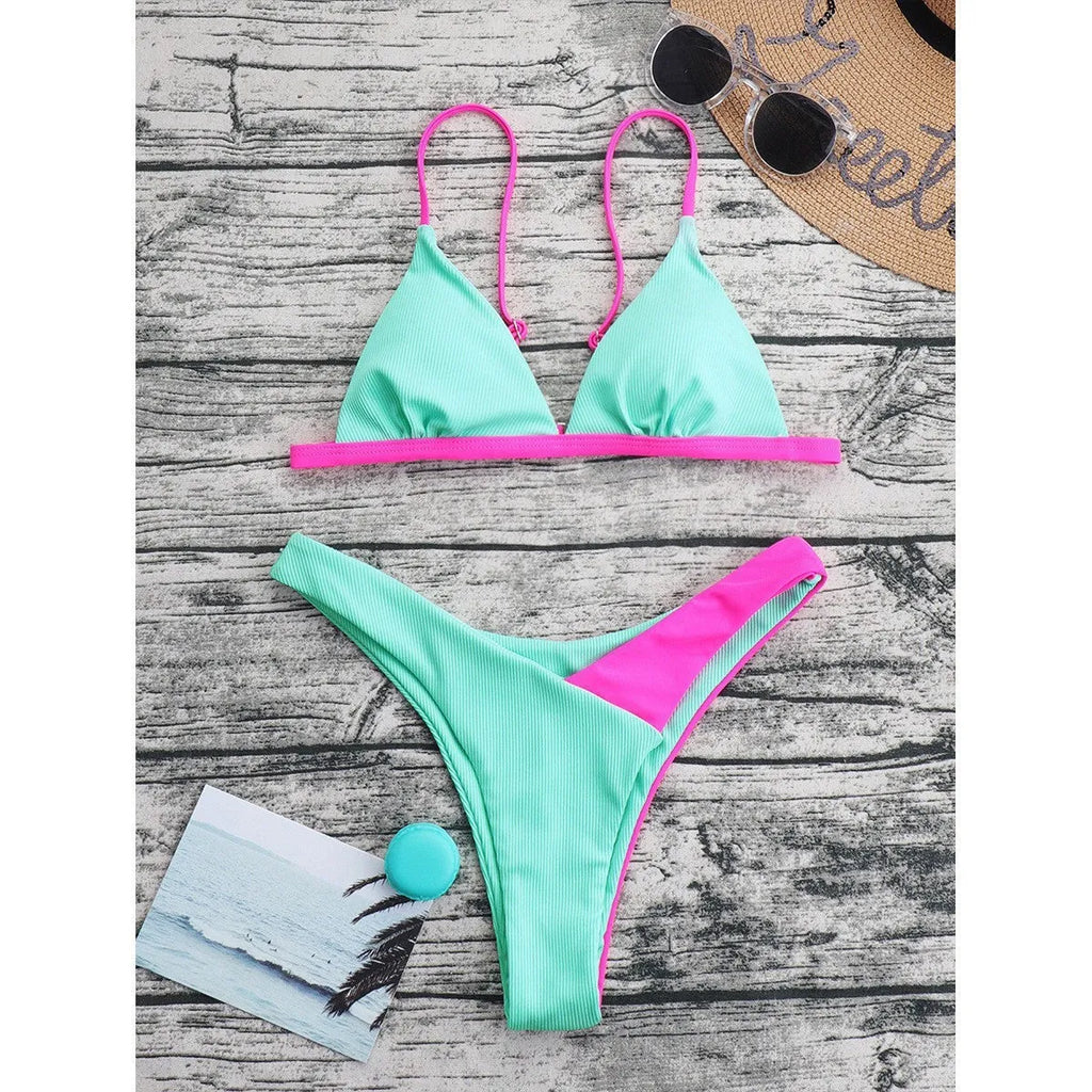 Women's nylon swimsuit briefs set in two colour patterns, sizes S M L XL