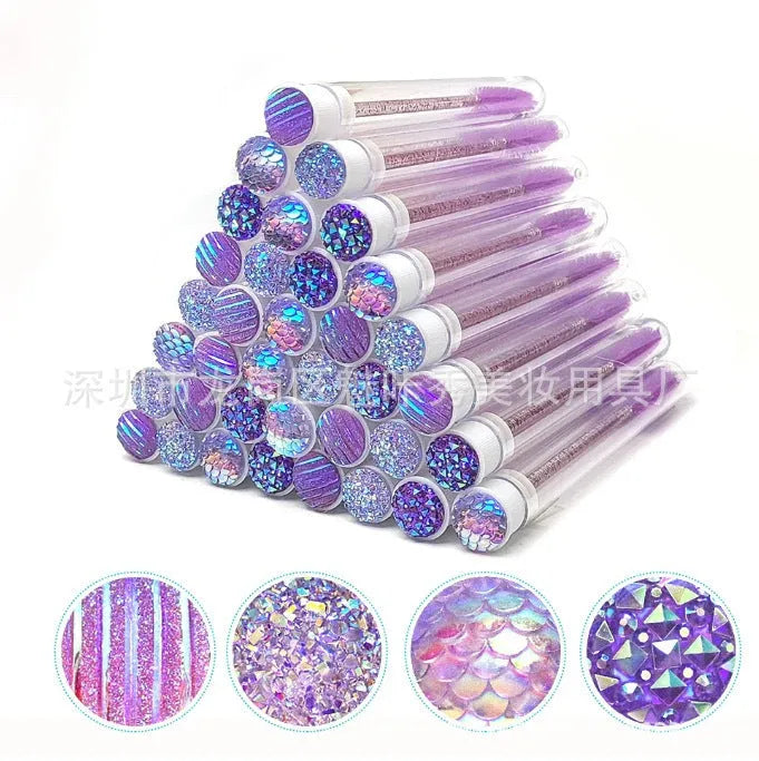 Set of coloured disposable mascara wands with clear plastic storage tubes