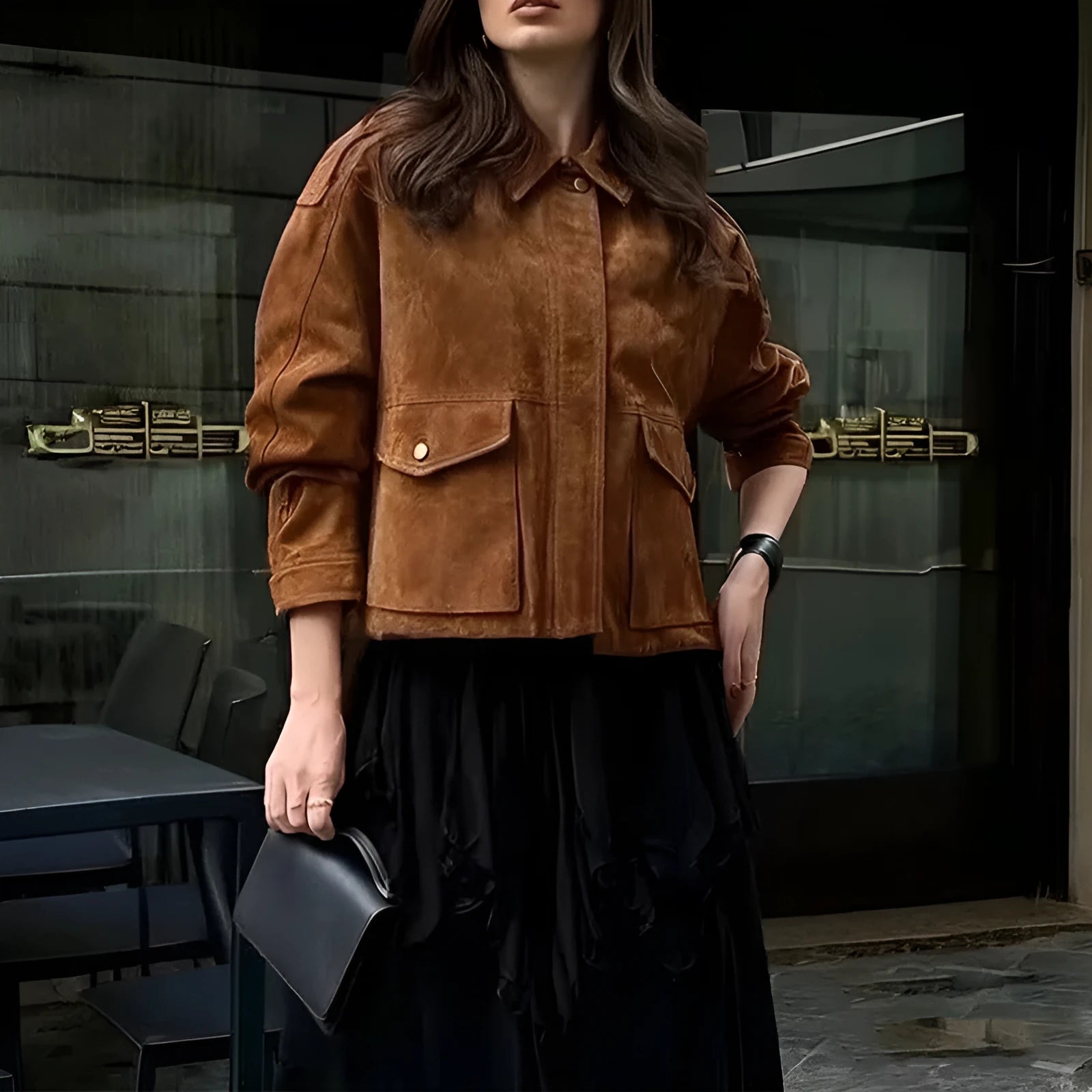 Women's suede street chic coat with regular sleeves in brown colour
