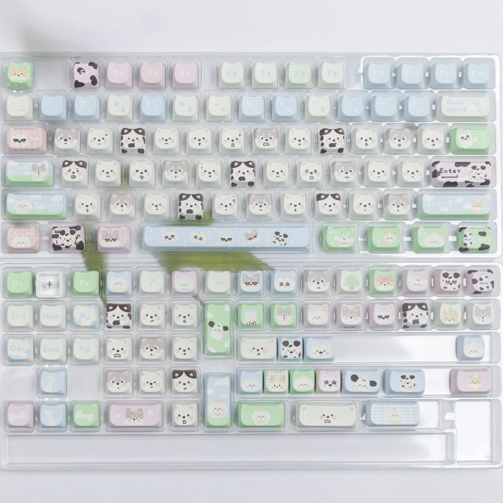 Complete PBT keycap set with cat and puppy illustrations for mechanical keyboards
