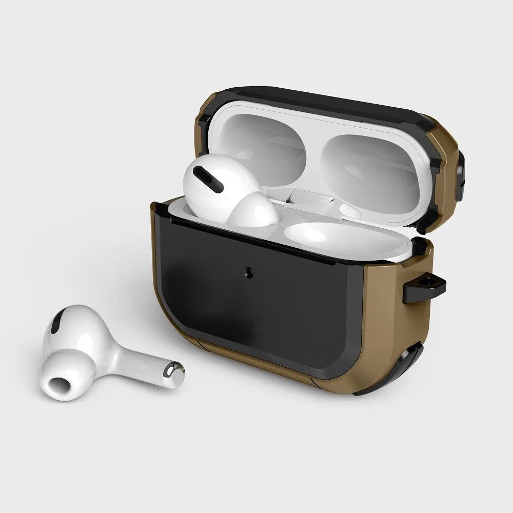 Black AirPods Pro protective shell case made from TPU and PC material shown next to an open case.