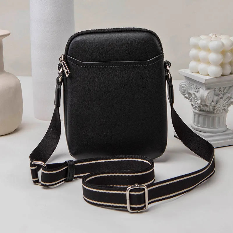 Solid colour women's crossbody phone bag in black, beige, khaki, or green.
