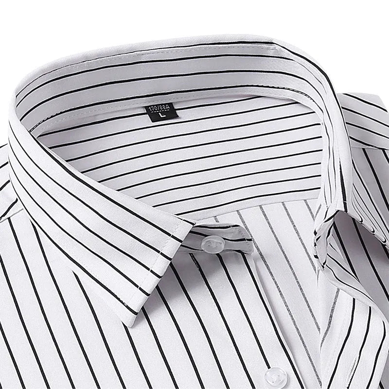 Men's striped ice silk polyester business shirt with slim fit on Asian mannequin showing XXS to XL sizing