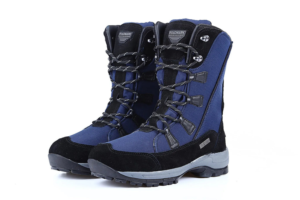 Women's black genuine leather mid-calf thermal snow boots with a rubber sole.