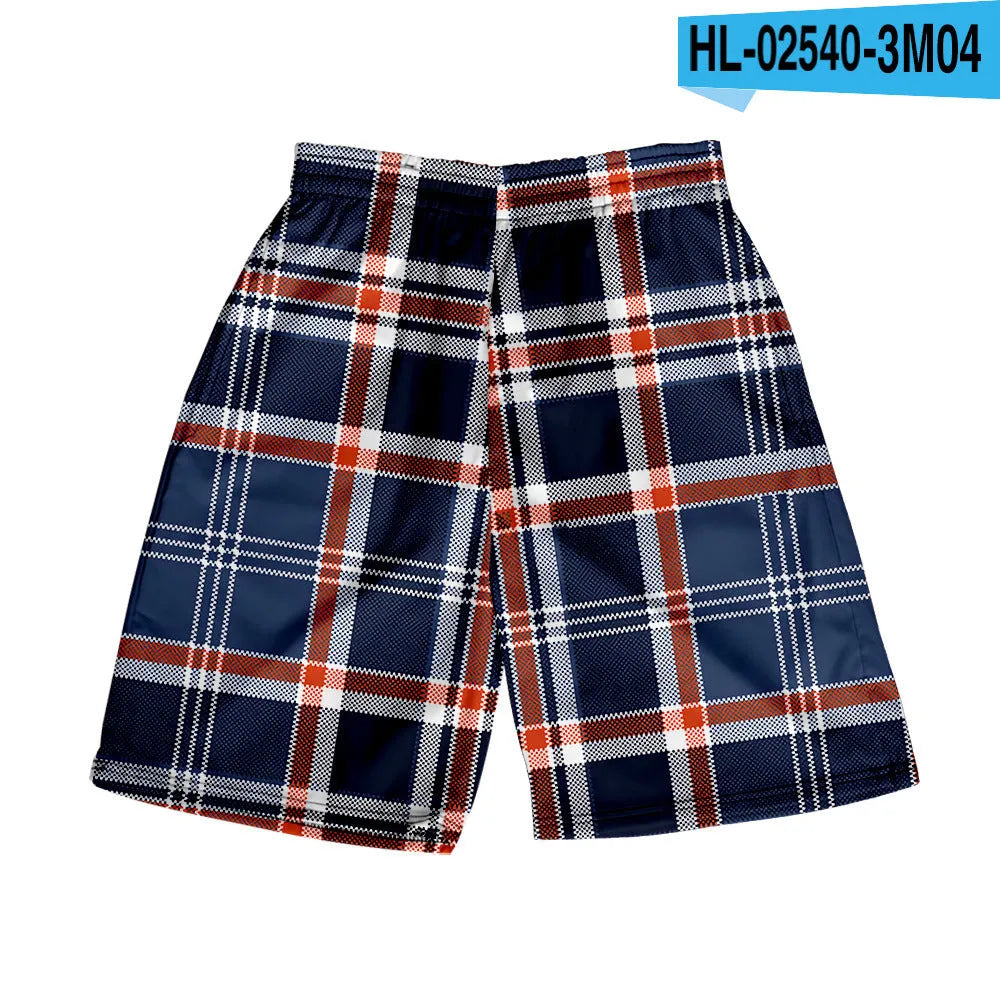 Men's polyester plaid shorts with elastic waistband in straight cut for casual wear