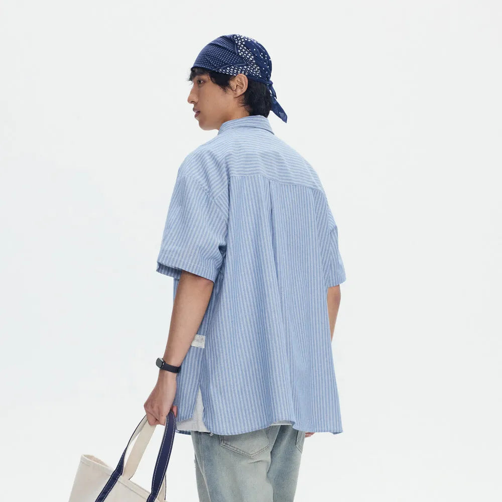 Blue and white striped loose-fit short-sleeved cardigan shirt for men and women