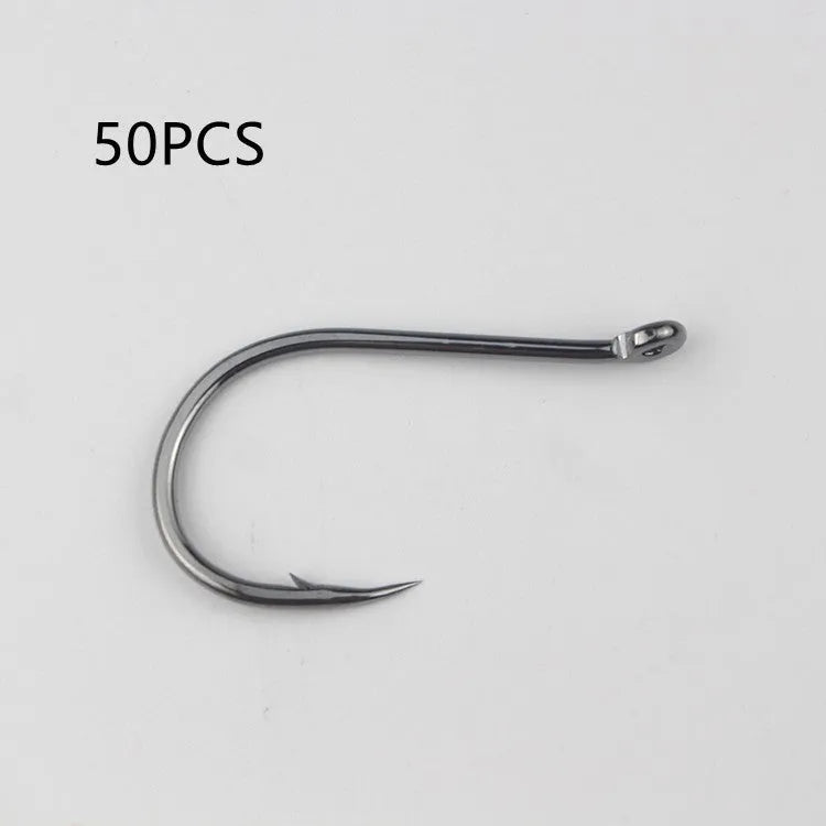 Bulk pack of barbed fishing hooks with crooked mouth and hole ring in alloy carbon steel.