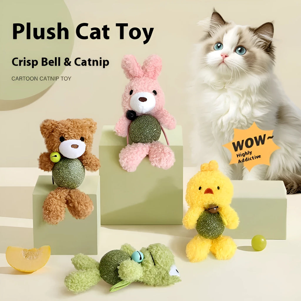 Plush cat toy with bell and mint ball in Brown Bear design, measuring 15cm tall
