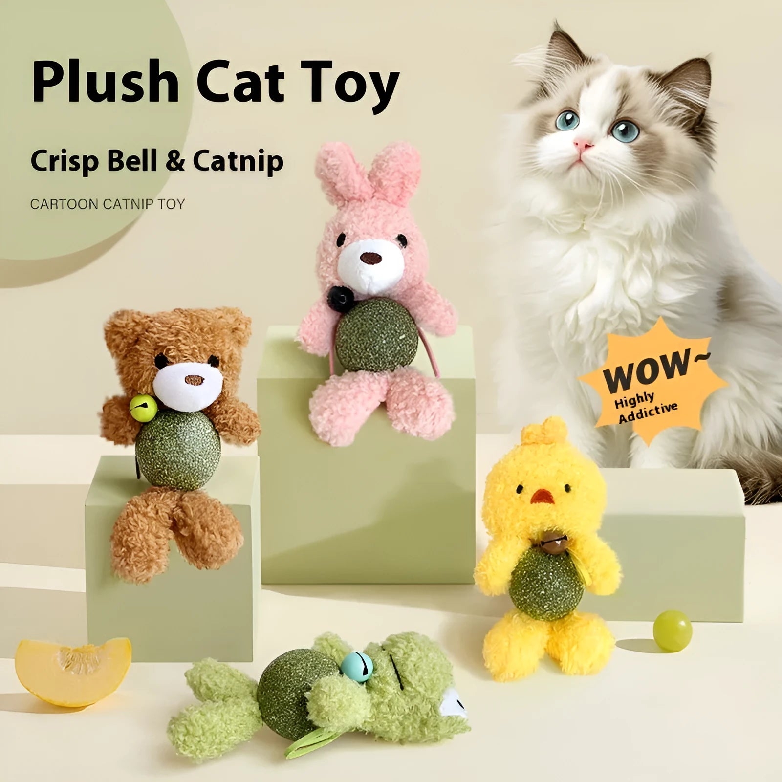 Plush cat toy with bell and mint ball in Brown Bear design, measuring 15cm tall