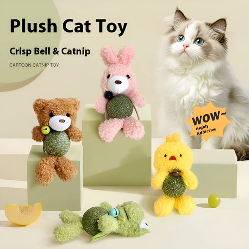 Plush cat toy with bell and mint ball in Brown Bear design, measuring 15cm tall