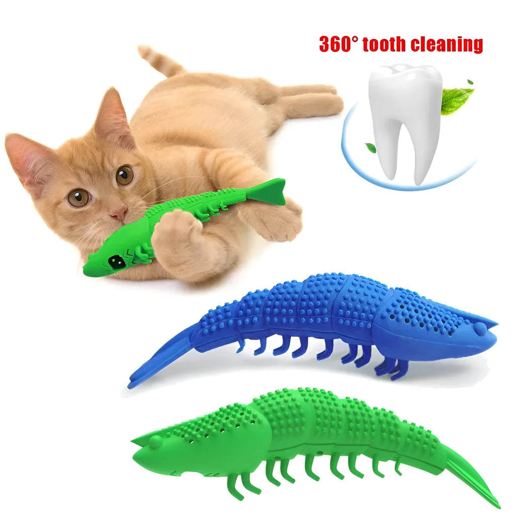 Blue hard rubber catnip toy with teeth cleaning texture and bell for interactive feline dental play