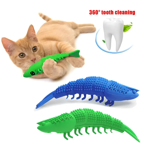 Blue hard rubber catnip toy with teeth cleaning texture and bell for interactive feline dental play