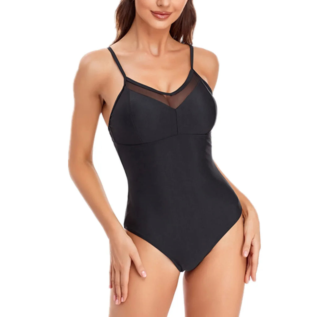 Women's solid colour backless one-piece swimsuit in mesh fabric
