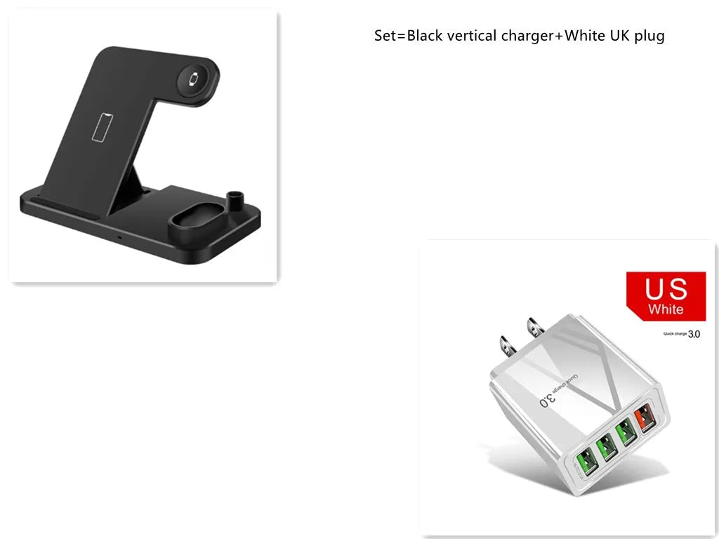Black 4-in-1 wireless charging station showing phone, Apple Watch, AirPods, and Apple Pencil charging simultaneously.
