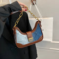Brown denim women's shoulder bag with diamond mesh chain design and internal phone compartment