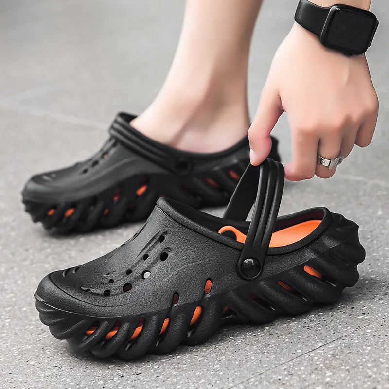 Men's beige EVA outdoor slipper sandals with hole pattern design and non-slip sole