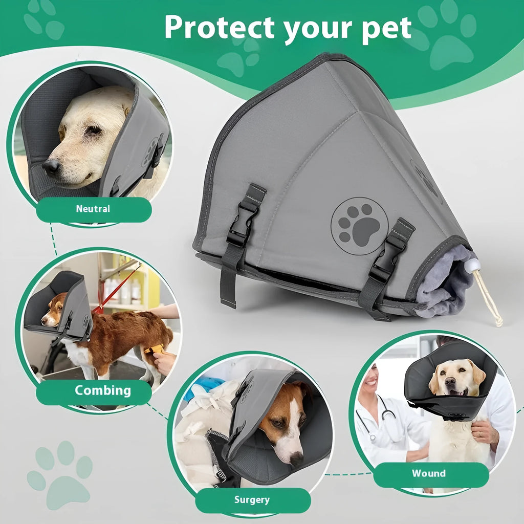 Adjustable polyester recovery collar for dogs and cats, shown in single and double-layer styles.