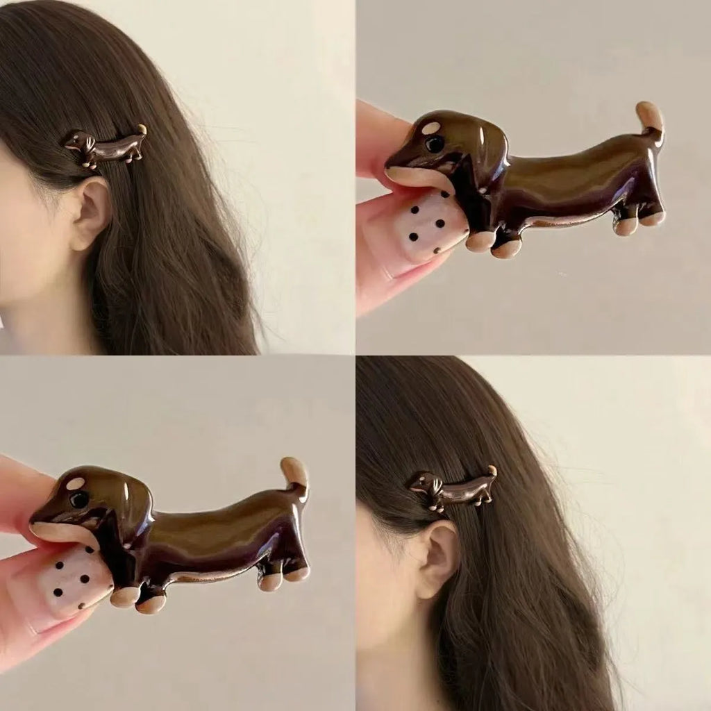 Dachshund dog design hair barrettes with electroplated finish, mixed material construction