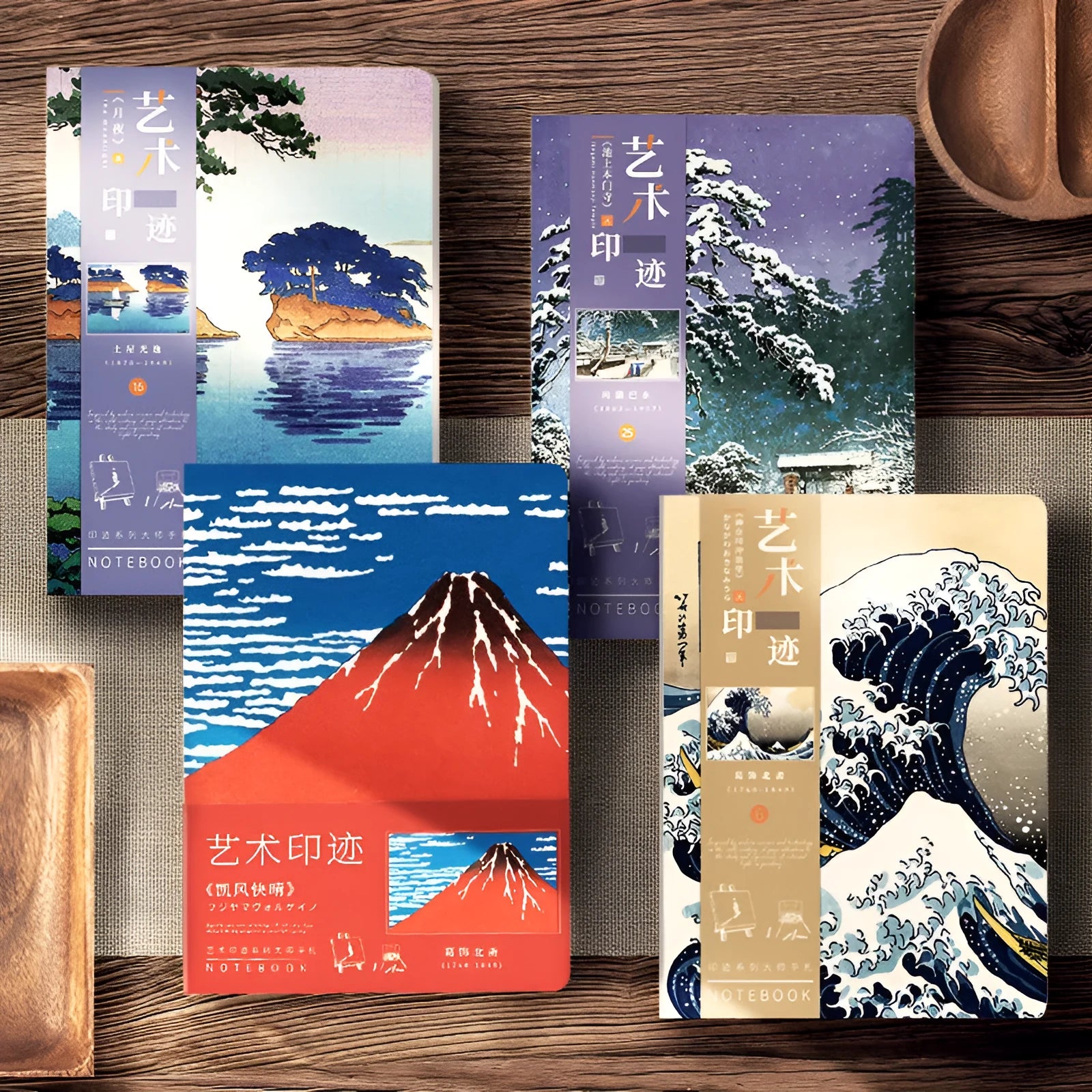 Ukiyo-e Kanagawa surfing village retro hand ledger notebook showing cover artwork and dimensions