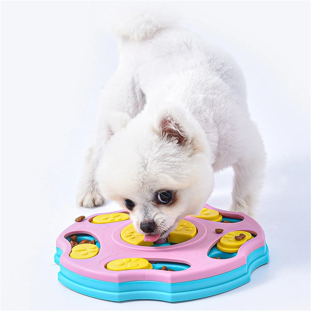 Blue dog puzzle feeder bowl with food compartments for interactive feeding games