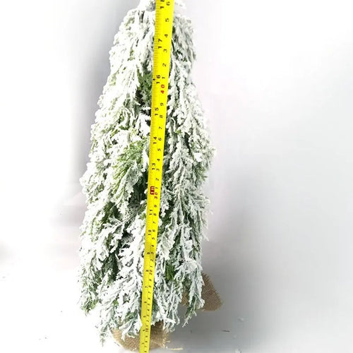 Small 24-inch white artificial Christmas tree with LED lights and snow-covered branches on a desktop.