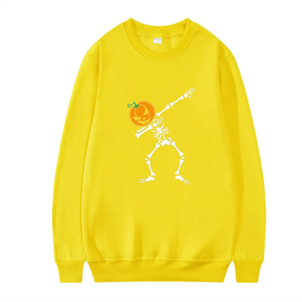 Women's printed crew neck long sleeve top in black, red, yellow, white, and orange red.